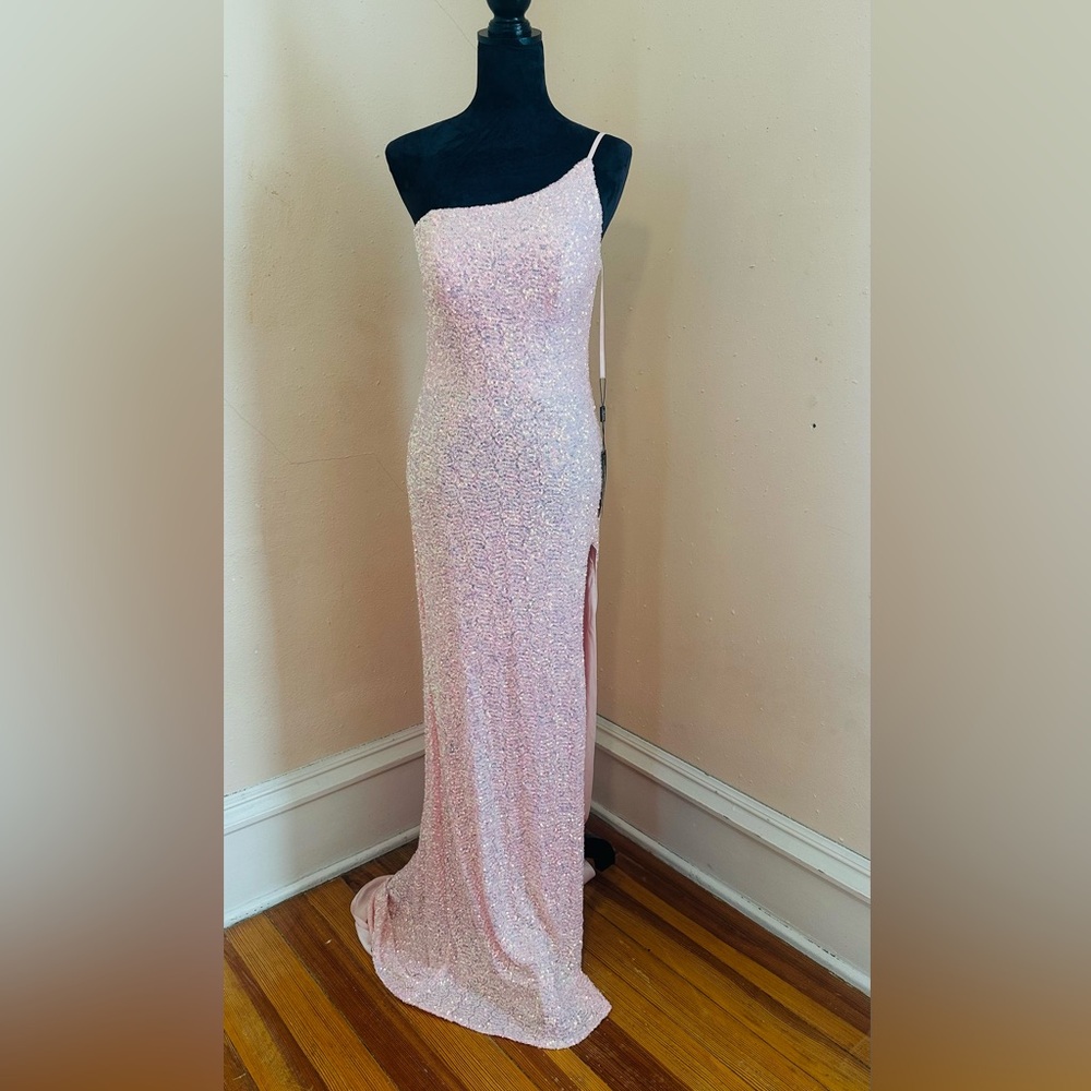 La Femme Blush Pink Sequin One-Shoulder Prom Gown
